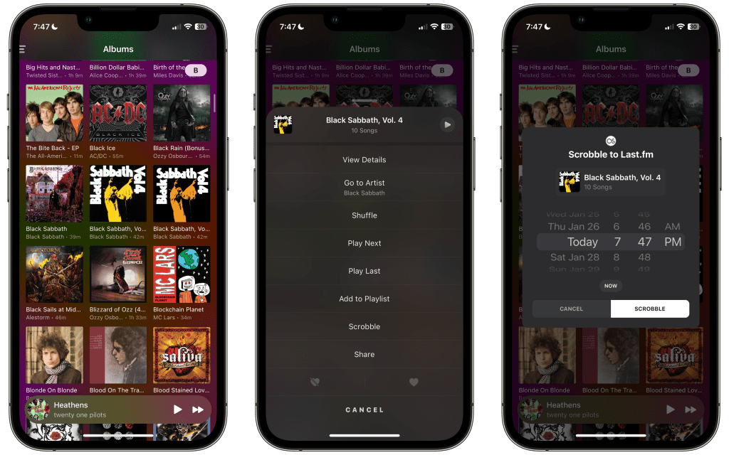 Three iPhones showing the process of scrobbling music manually from marvis