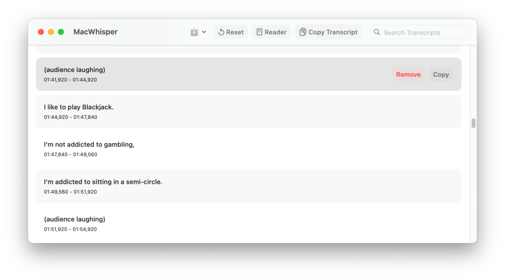 A screenshot of MacWhisper running on macOS, showing a transcription of a Mitch Hedberg stand-up performance. 