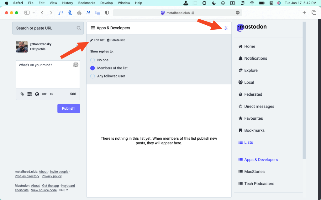 A screenshot of the Mastodon website. Red arrows are pointing at the settings and Edit List buttons. 