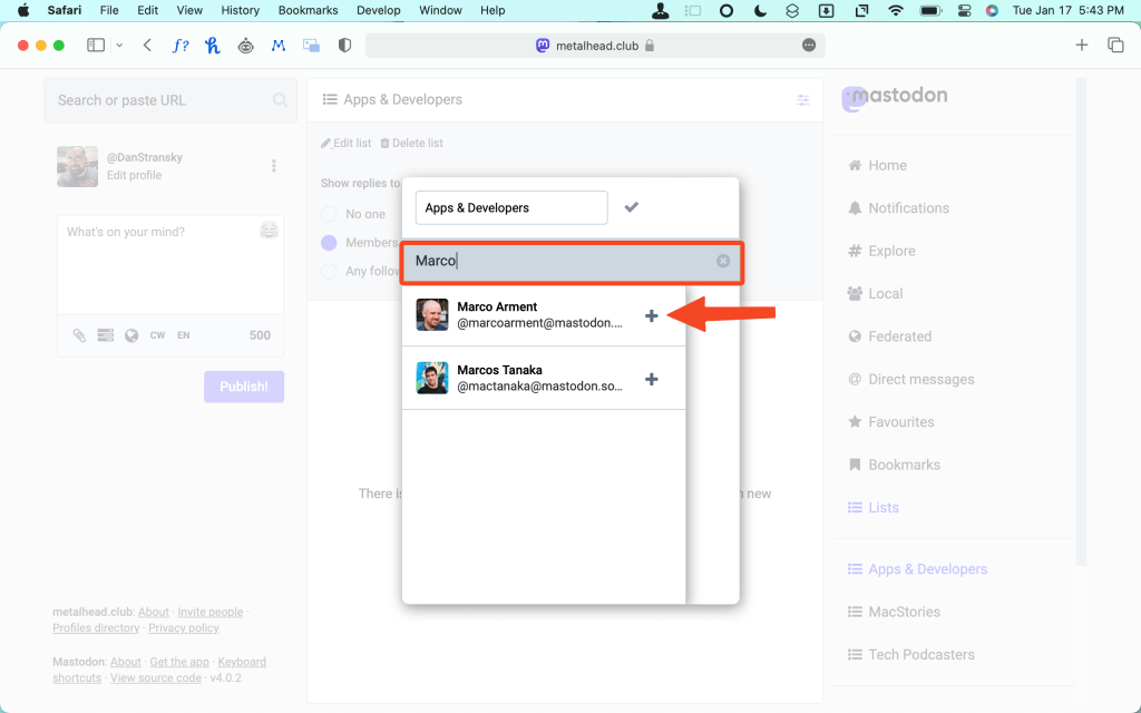 A screenshot of the Mastodon website showing the box used to search for accounts to add to a list. 