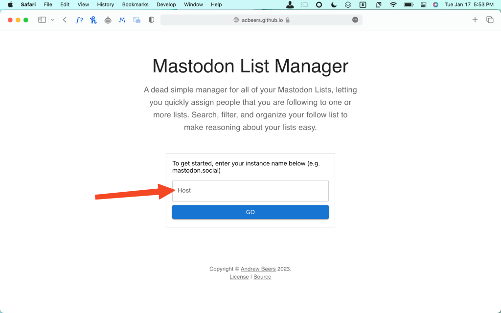 A screenshot of the Mastodon List Manager web app. A red arrow is pointing at the host box to enter your instance name. 
