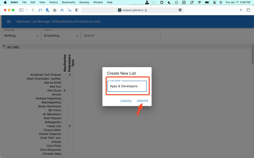 A screenshot of the Mastodon List Manager web app. A red box surrounds the list name area while a red arrow points at the create button below. 