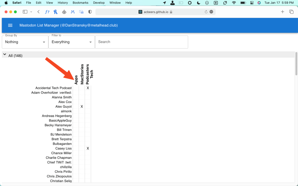 A screenshot of the Mastodon List Manager web app. A red arrow points at a list called "Apps" that we just created. 