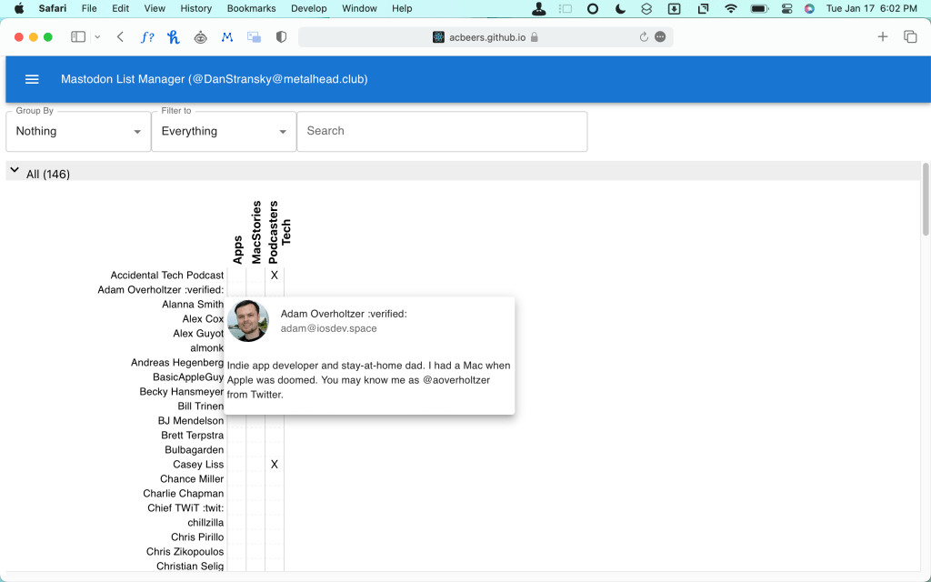 A screenshot of the Mastodon List Manager web app. A user profile on hover is being shown. 