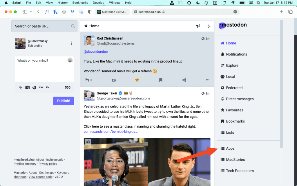 A screenshot of the Mastodon website. A red arrow is pointing at the word Apps, showcasing a truncated list title. 