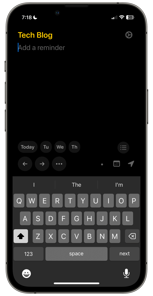 An iPhone showing the layout of the app Remind Me Faster with the keyboard open. the app is set to the list Tech Blog. 