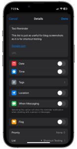 Details view of a reminder in iOS's Reminders app with a hyperlink in the notes section and the URL section empty. 