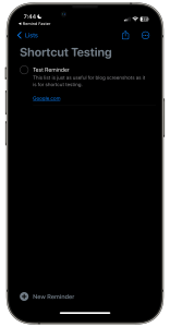 A reminders list in the stock iOS Reminders app showing one reminder. The list is called Shortcut Testing. 