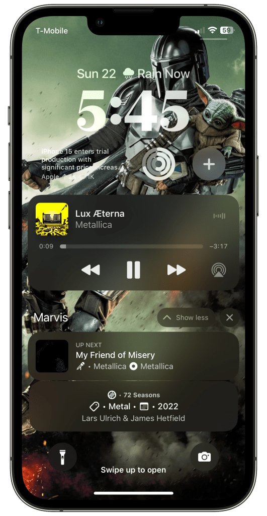 An iPhone showing a Metallica song now playing on the Lock Screen, along with two Marvis Live Activities.