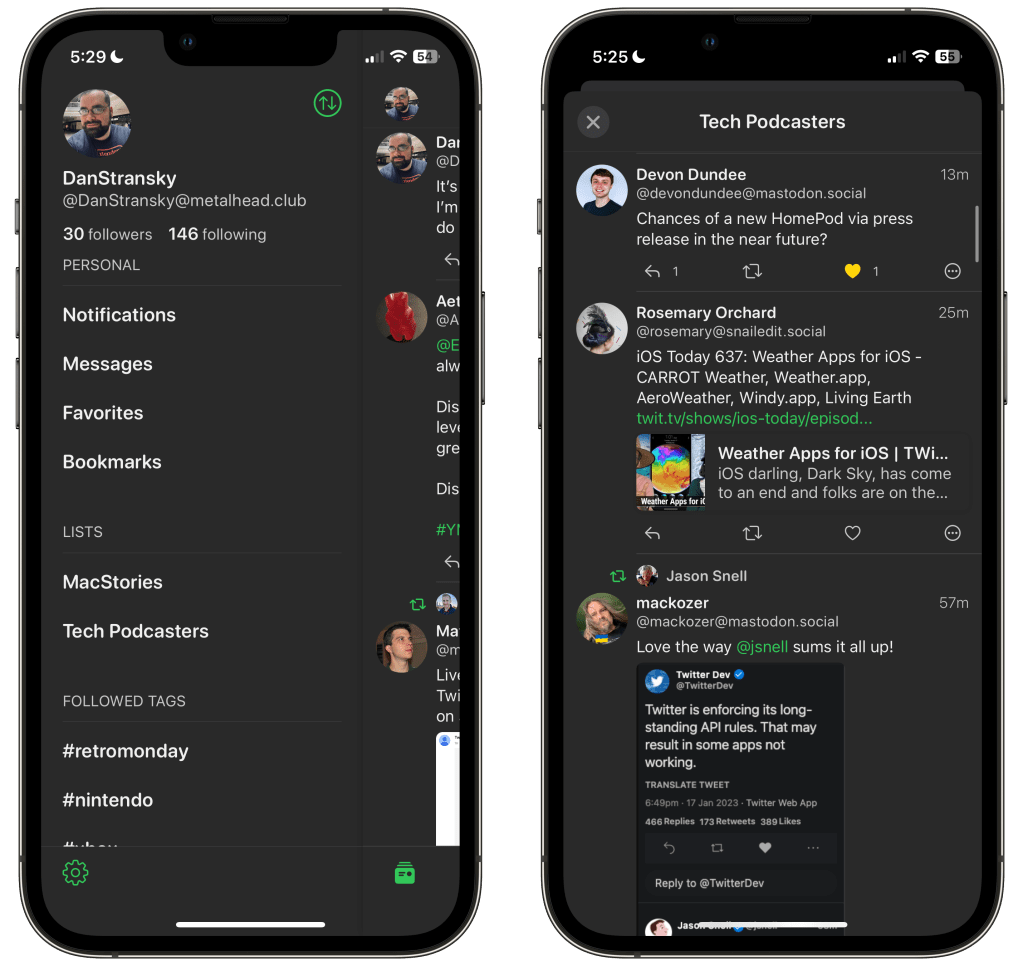 Two iPhones showing the side bar and list view of the beta Mastodon client, Woolly. 