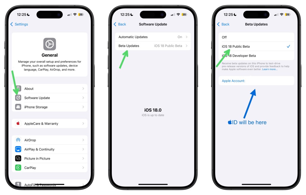 Three screenshots showing how to install iOS 18 Beta on an iPhone. The first screenshot shows the Settings app with "General" selected. The second screenshot shows the "Software Update" screen with "Beta Updates" selected. The third screenshot shows the "Beta Updates" screen with "iOS 18 Public Beta" selected and a checkmark next to it.